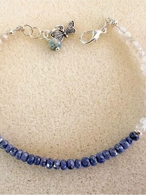 Blue Sapphire Beaded Bracelet with Silver Butterfly Accent